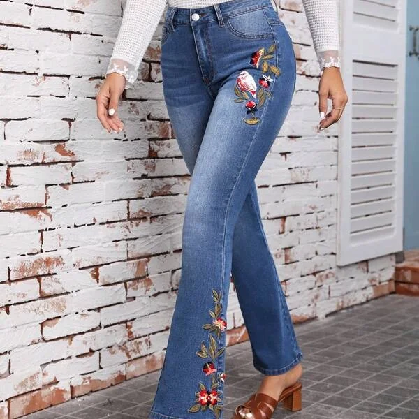 Women's High Elastic Flower and Bird Embroidery Micro Flared Jeans