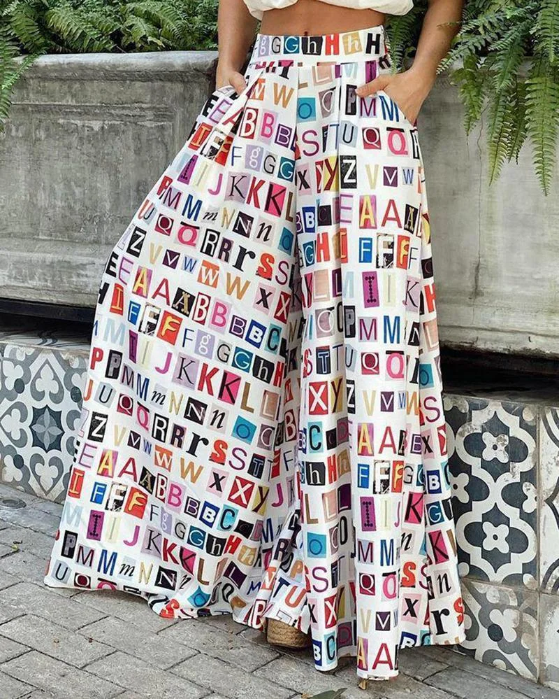 Solid Color Short Sleeve Top & Letter Print Wide Leg Pants Two Piece Set