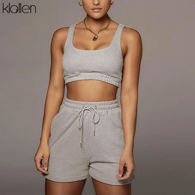 KLALIEN Fashion Casual Soft Cotton Stretch Slim Women Two Piece Set Summer Simple Solid Club Street Home Wear Top and Shorts Set