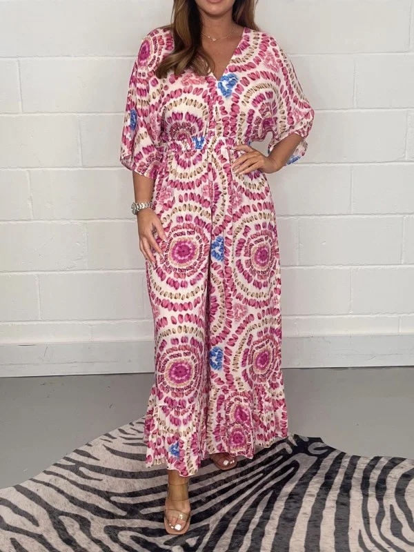 Retro Floral Printed Wide Leg Jumpsuit