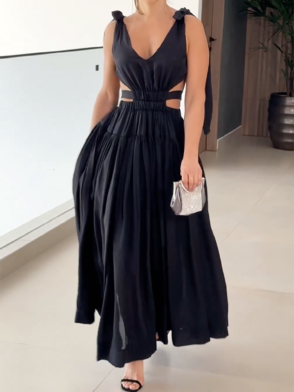 Hollow Solid Color Sleeveless V-Neck Maxi Dresses