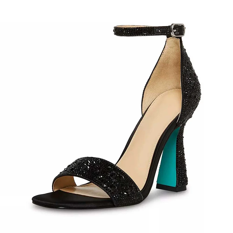 Black Open Square Toe Flared Heel Rhinestone Sandals with Ankle Strap |FSJ Shoes