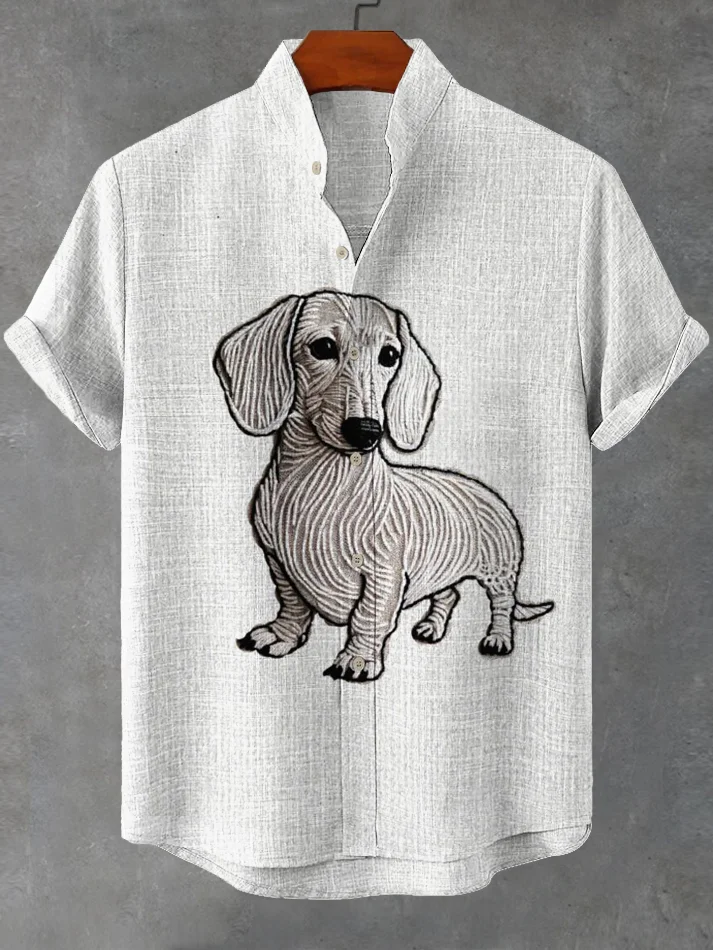 Men's Cute Dachshund Dog Print Linen Blend Shirt