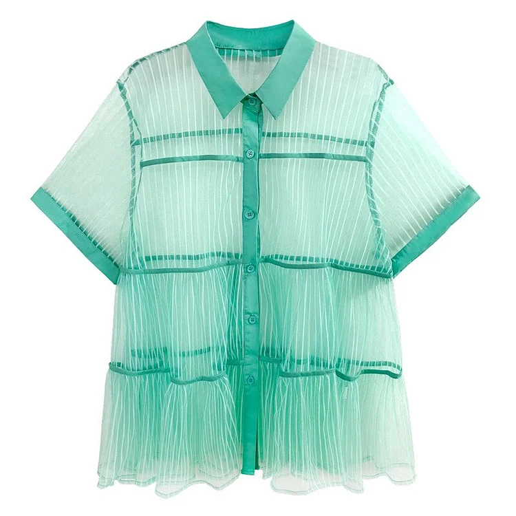 Modern Loose Lapel Perspective Mesh Yarn Short Sleeve Ruffle Hem Sun Protection Shirt              