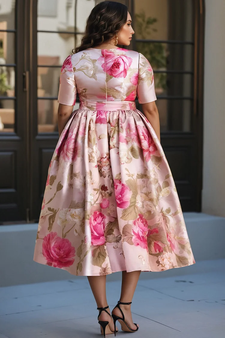 Xpluswear Design Plus Size Wedding Guest Pink Elegant Floral Round Neck Short Sleeve Pocket Satin Midi Dresses [Pre-Order]