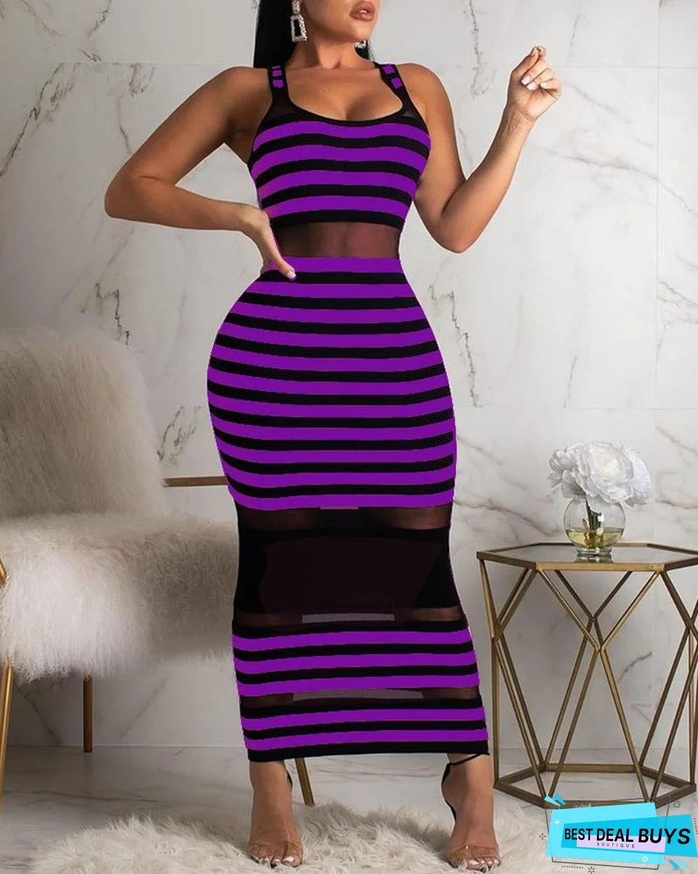 Thin Strap Striped Mesh Dress