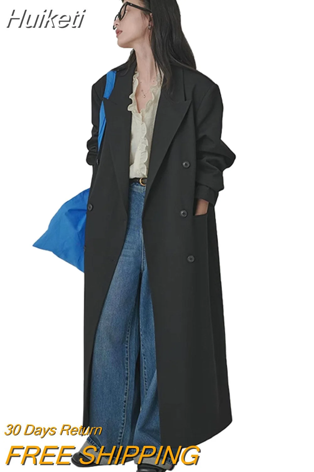 Huiketi Spring Autumn Extra Long Loose Casual Flowy Black Trench Coat for Women Double Breasted Korean Style Maxi Overcoat 2023