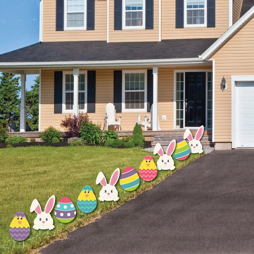 Easter Bunny &amp; Egg Yard Decorations -  Outdoor Easter Lawn Decorations - Hippity Hoppity - Easter Bunny Lawn Ornaments - 10 Piece Set