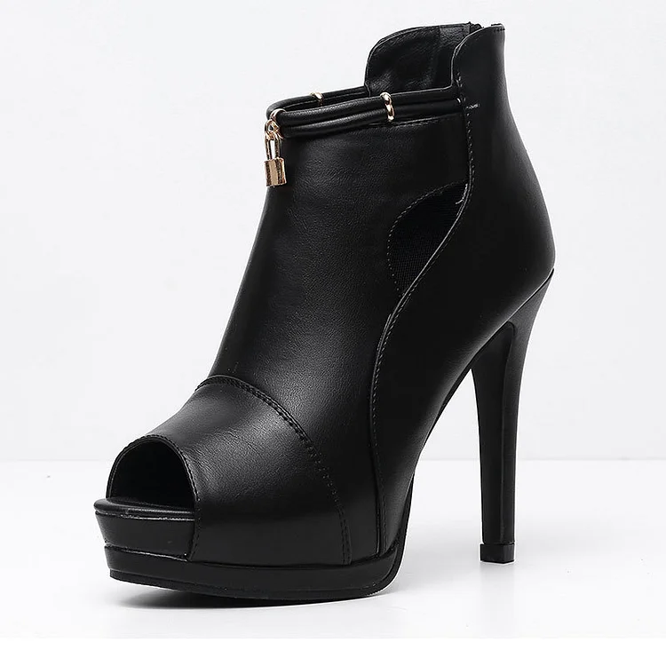 Black Cut Out Peep Toe Platform Stiletto Heel Ankle Boots Vdcoo