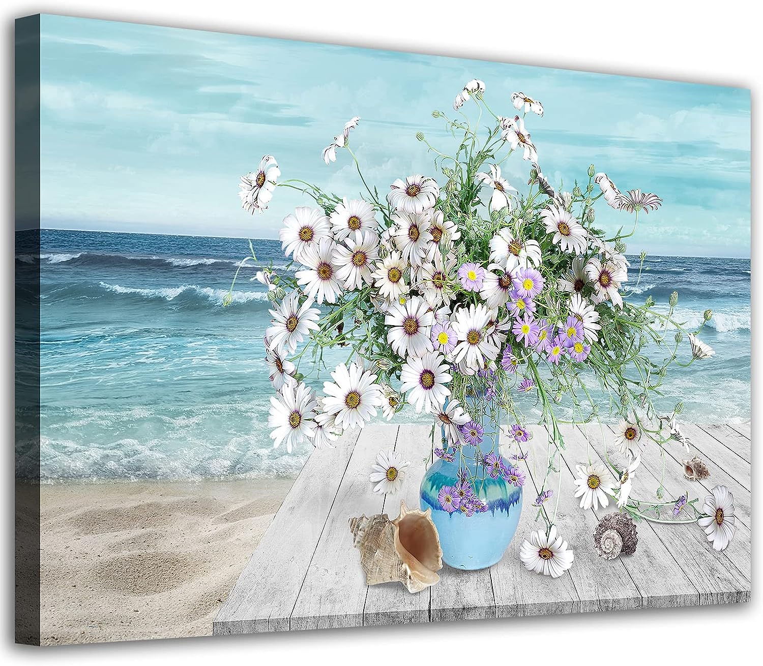 Bathroom Canvas Wall Art Flowers Canvas Pictures Daisy Floral Theme Ocean Beach Painting Conch Coastal Seascape Prints Framed Modern Artwork for Living Room Bedroom Office Ready to Hang 16 inch  x 24 inch  16x24 inches