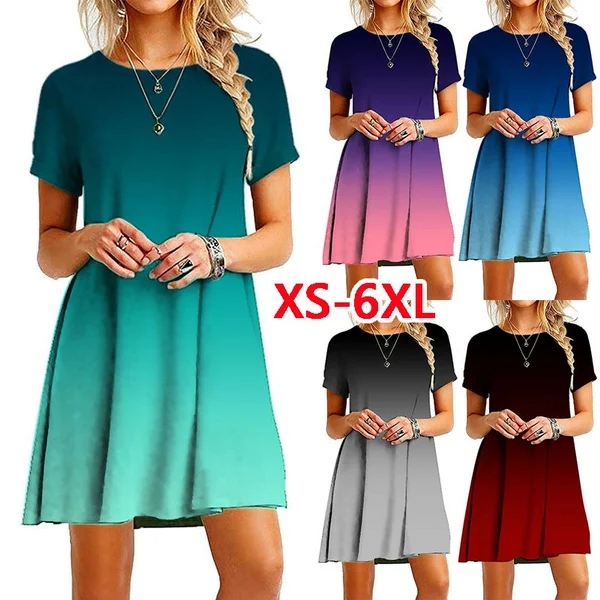 Womens Fashion Summer Clothing Casual Short Sleeved Tie Dye Printed T-Shirt Dress Crew Neck Loose Mini Dresses Ladies Beah Party Knee Length Skirt Plus Size Cotton Dress