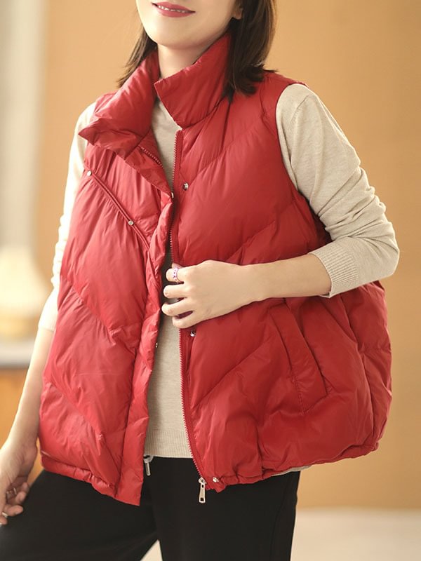 Vintage Loose Solid Color Buttoned Zipper High-Neck Sleeveless Down Vest