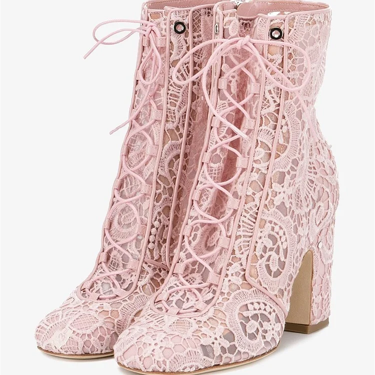 Pink Mesh Lace-Up Chunky Heel Ankle Booties Vdcoo