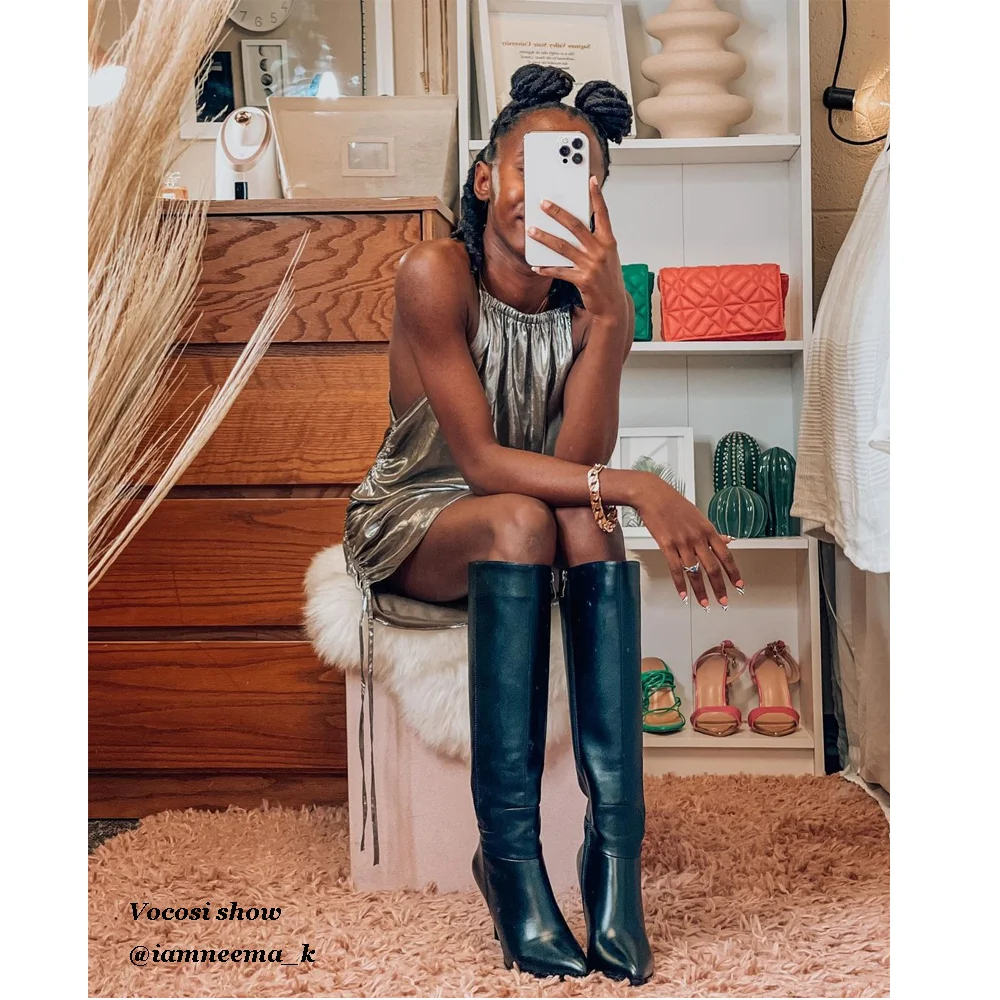 9.5cm Zipper Leather Mid Heels Knee Boots Black-MERUMOTE