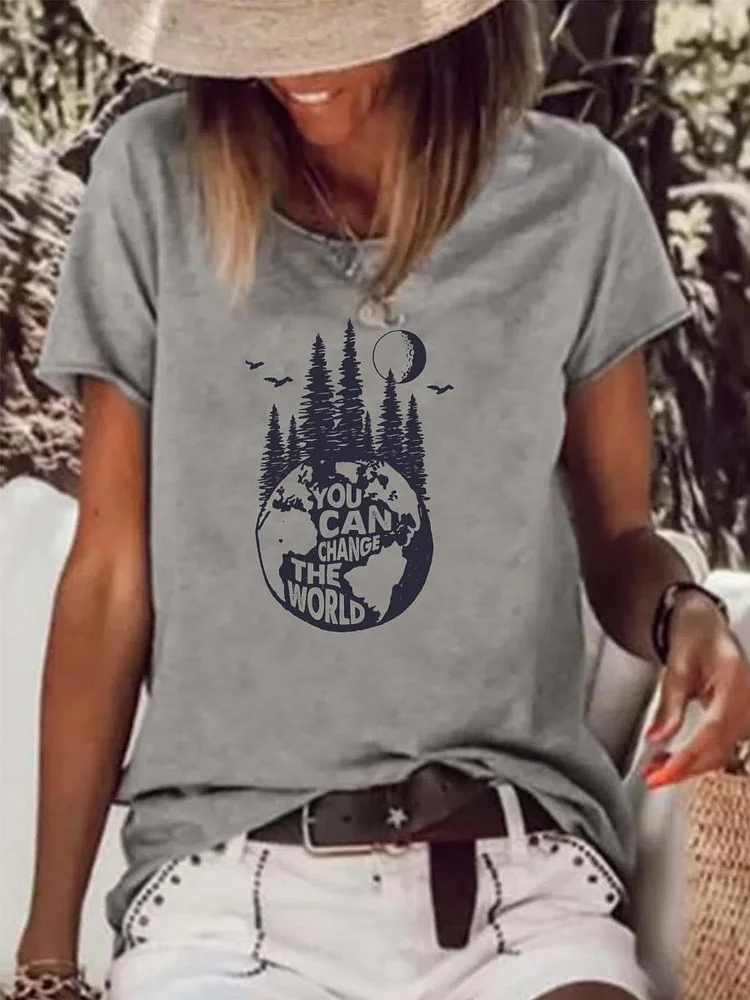 You Can Change the World Earth with Trees Raw Hem Tee