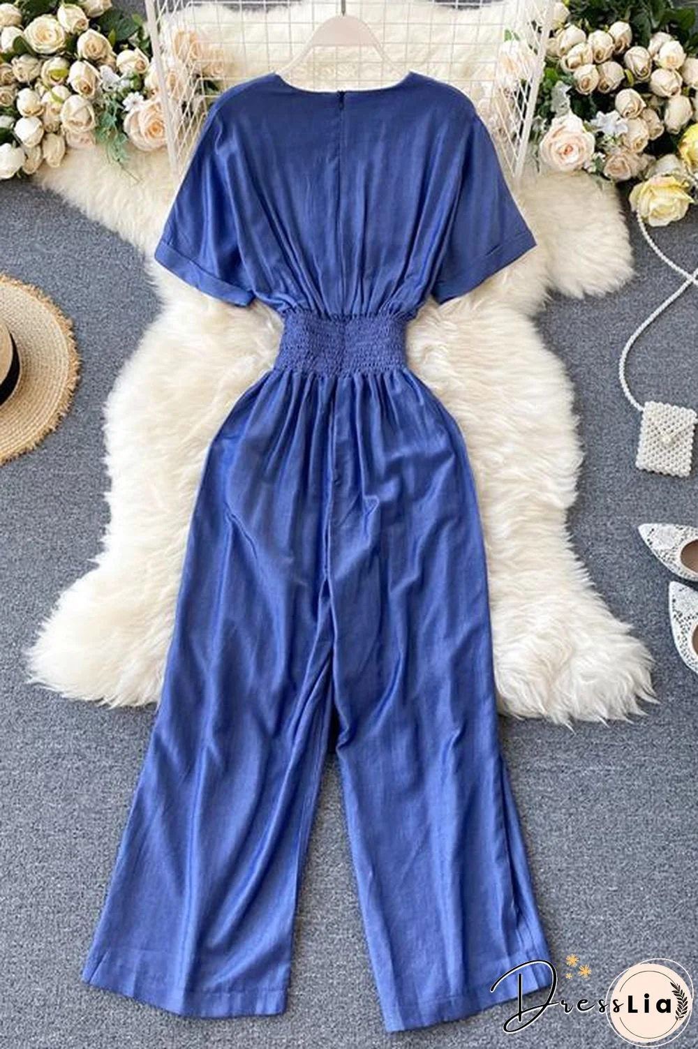 Elastic Waist  V Neck Denim Jumpusits