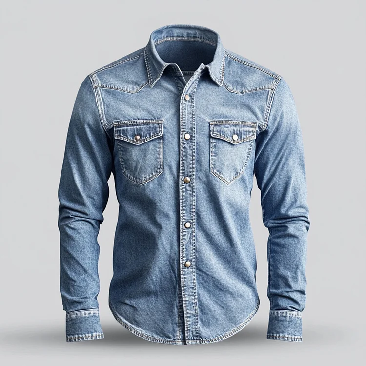 Men's Turndown Collar Metal Button Denim Long Sleeve Shirt
