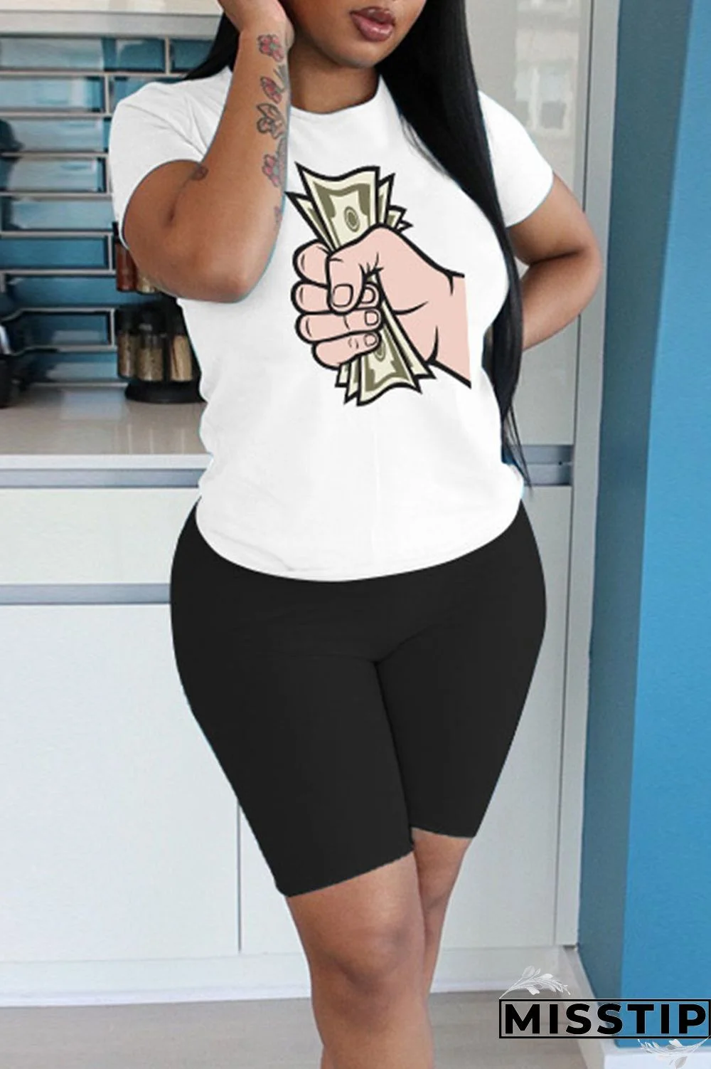 Black Casual Print Patchwork O Neck Short Sleeve Two Pieces