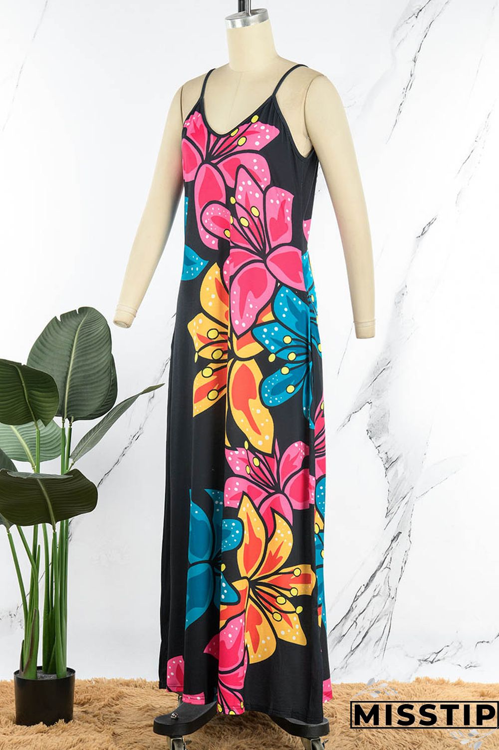 Blue Black Casual Print Patchwork Spaghetti Strap Sling Dress Dresses