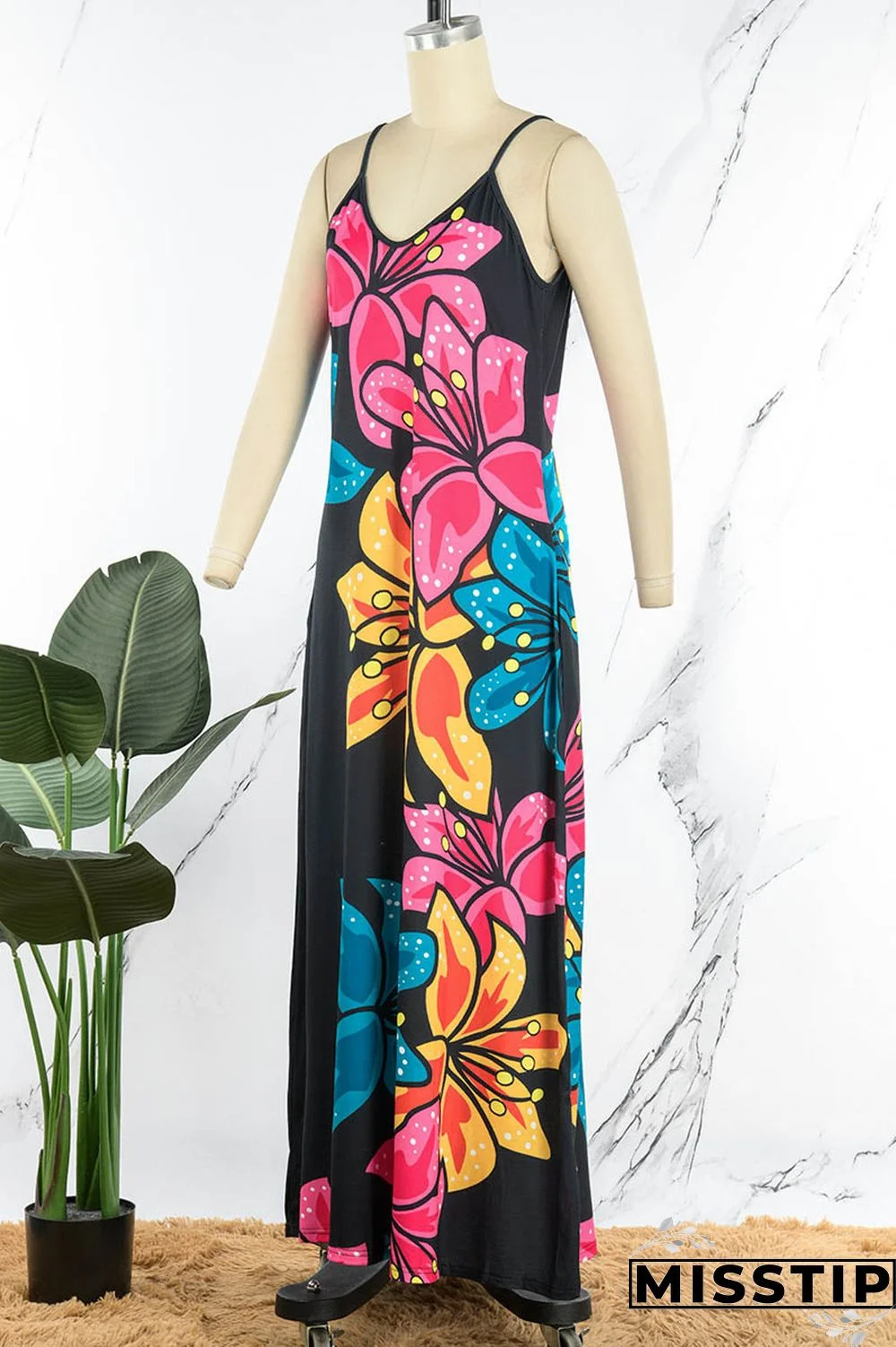 Blue Black Casual Print Patchwork Spaghetti Strap Sling Dress Dresses