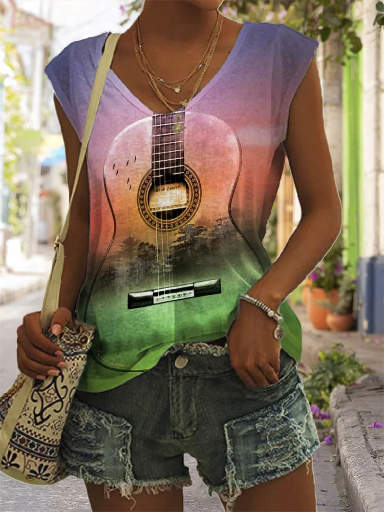 Guitar Inspired Landscape Gradient V Neck Tank Top
