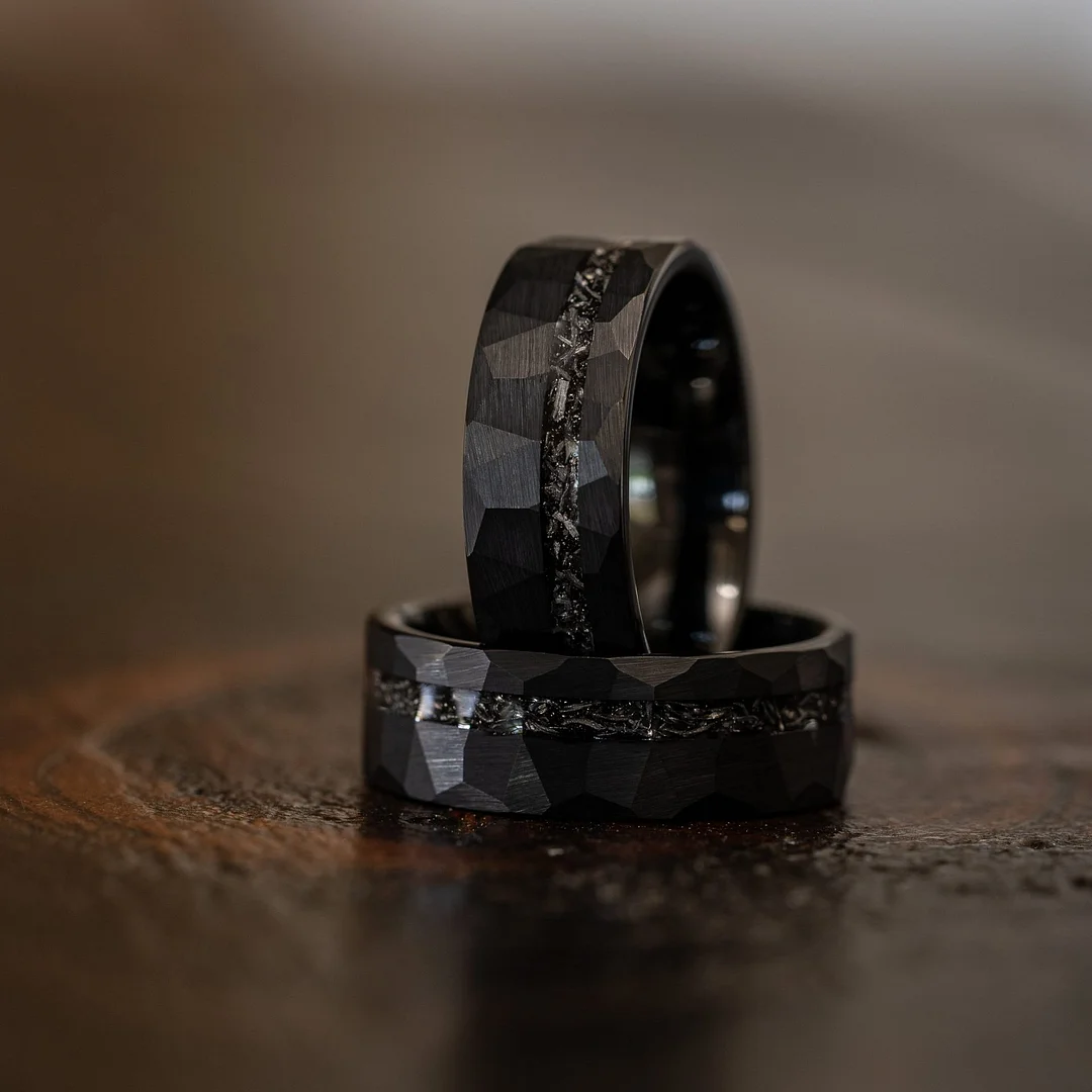 8MM Hammered Black Metal Rings with Meteorite Inlay Women And Men Tungsten Carbide Bands
