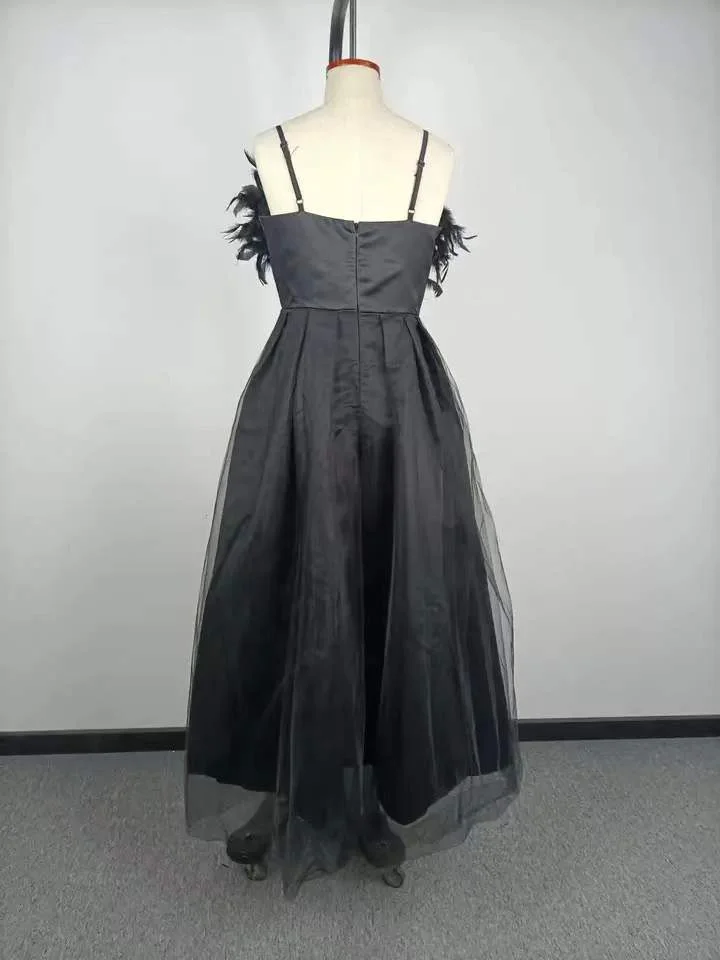 Wedding Guest  Summer Dress  Luxury Feather Black Evening Dresses Women Summer Elegant Mesh Spaghetti Sleeveless A Line Lady Club Birthday Party Dress