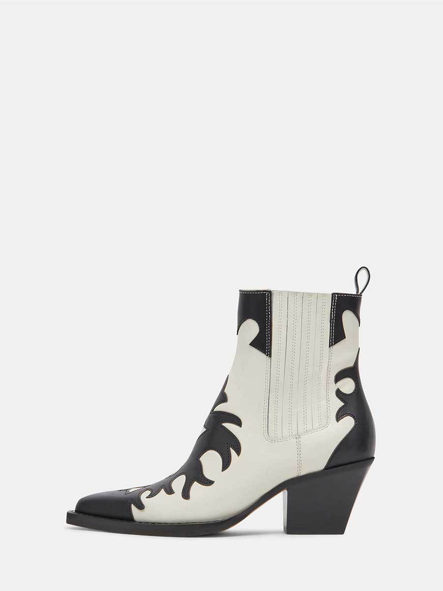 Black & White Patchwork Pointed Toe Ankle Boots with Block Heel