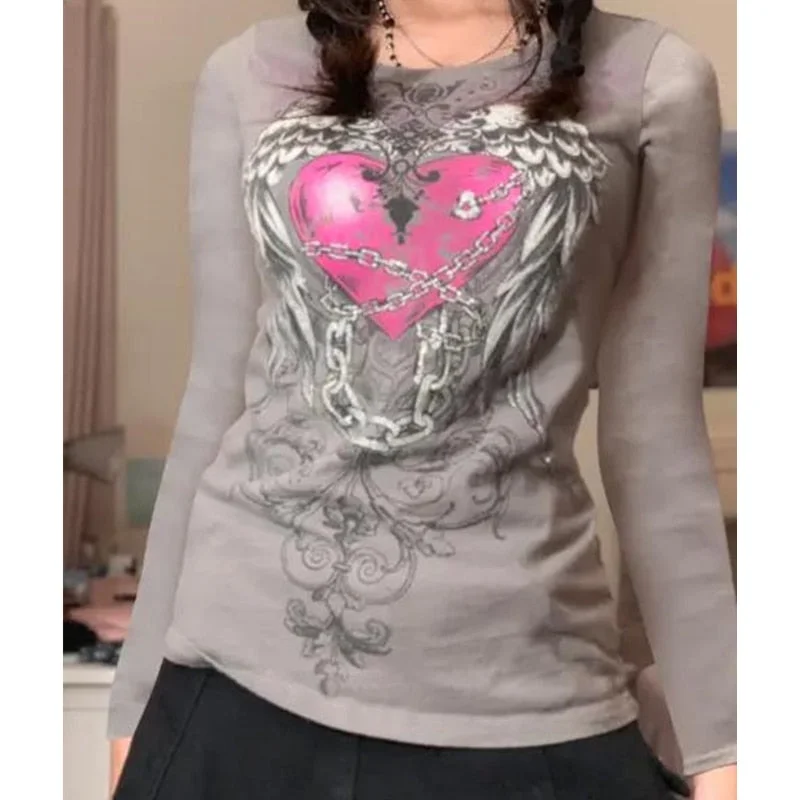 Xingqing Fairy Grunge Heart Wings Print Top Graphic Tee Vintage Cyber Y2k Aesthetic Clothes Brown Long Sleeve T Shirts