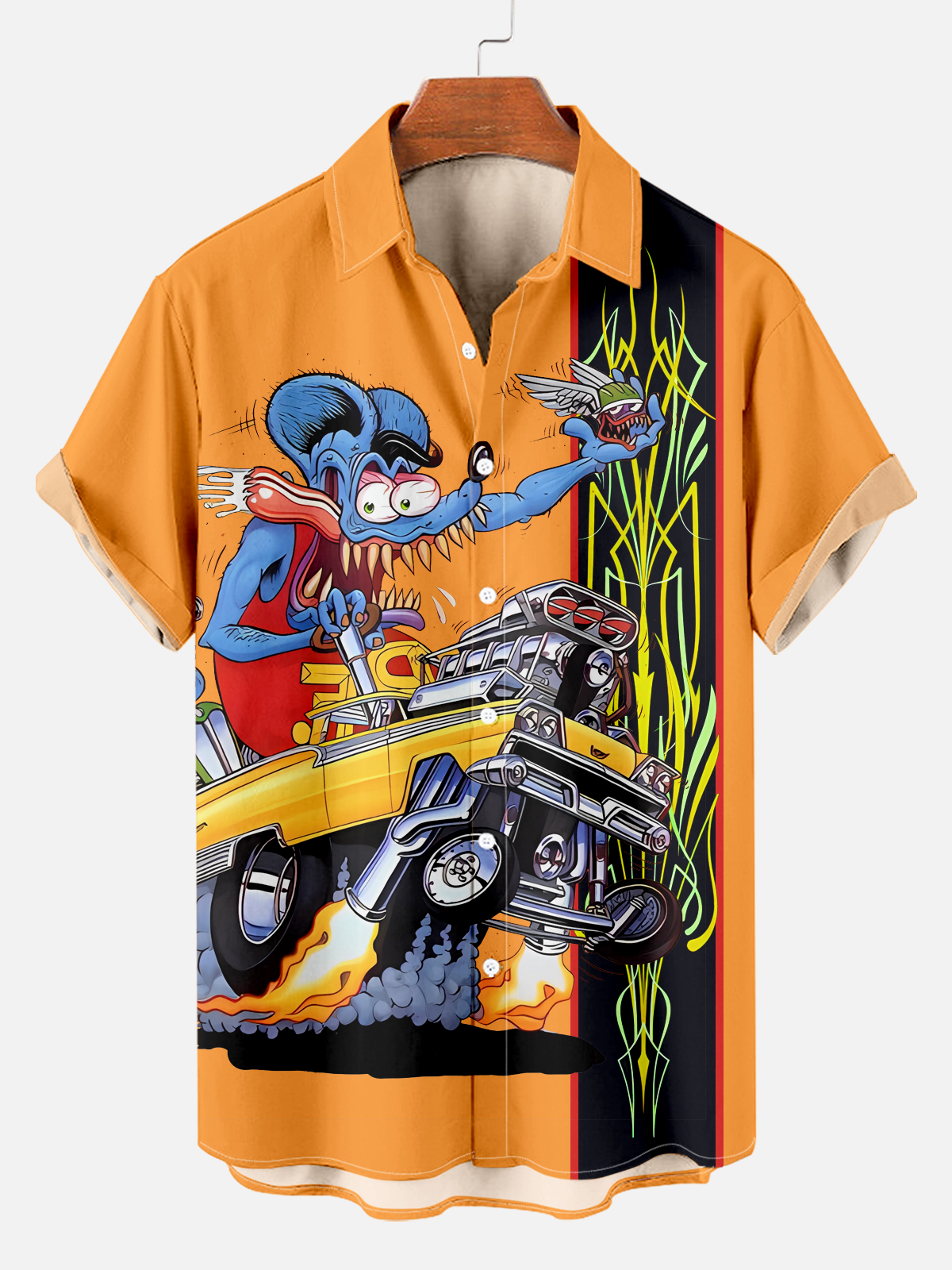 Men's retro modified car cartoon geometric line print shirt PLUSCLOTHESMAN