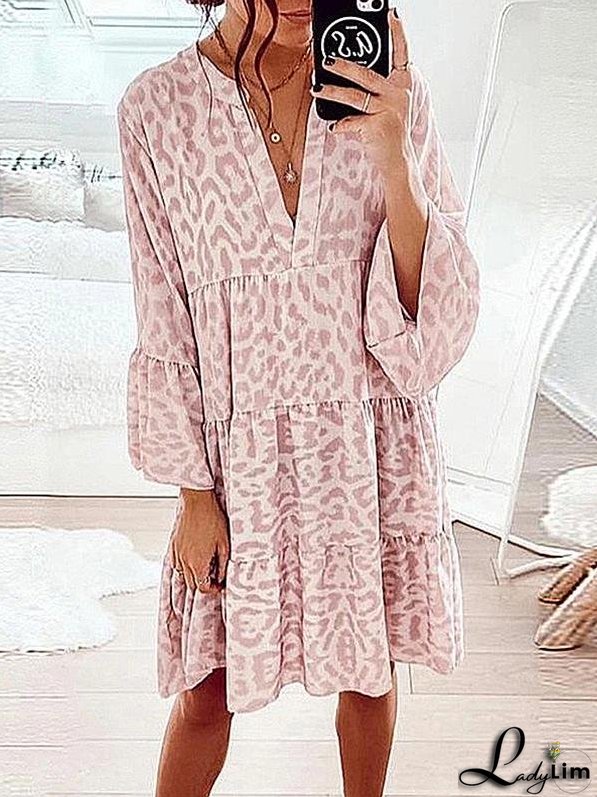 Printed long-sleeved loose V-neck patchwork dress