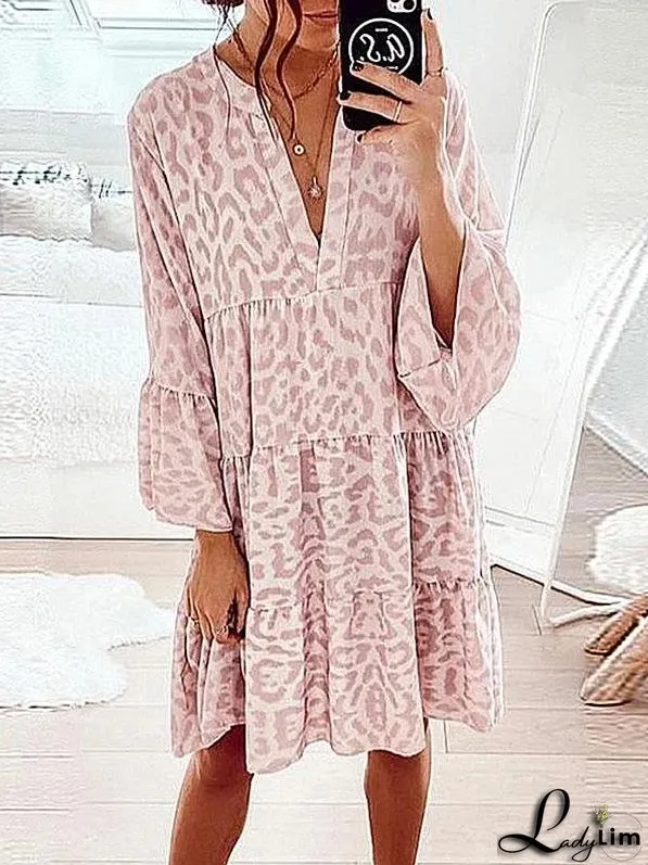 Printed long-sleeved loose V-neck patchwork dress