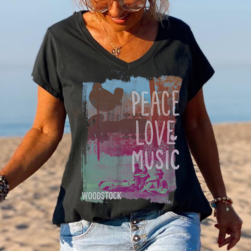 Peace Love Music Woodstock Poster Printed Graphic Tees
