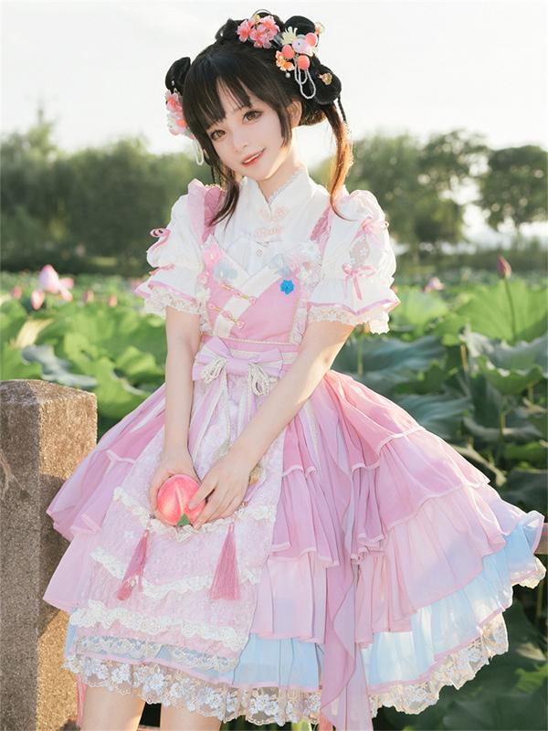 Chinese Style Lolita Dress Ruffles Sleeveless Polyester Chinese Style Lace Pink Chinese Style Lolita