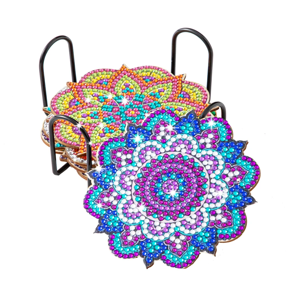 6pcs Datura DIY Diamonds Painting Coaster Woodiness with Rack Cup Pad Decor