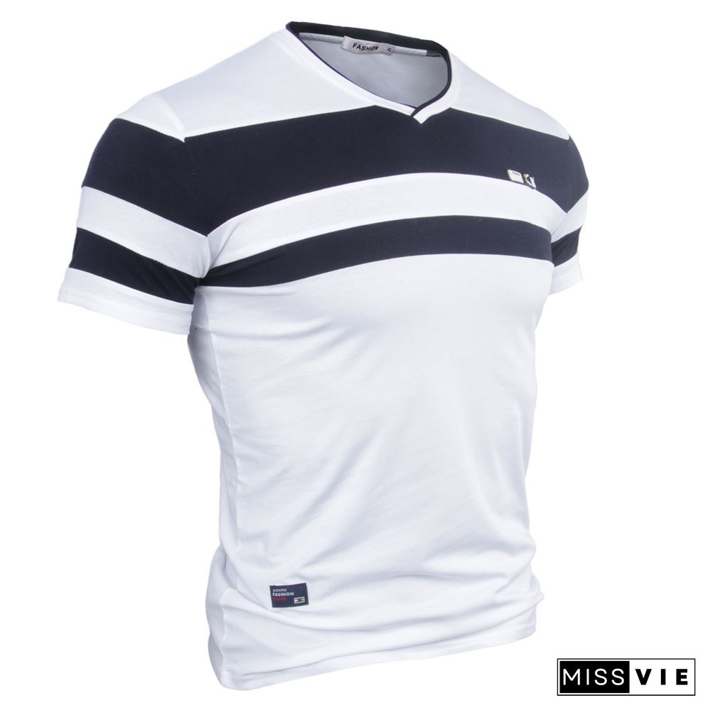 Men Short Sleeve T Shirts New Summer Pure Cotton Vintage Patchwork Tees VNeck Cotton T-shirt Homme Top M-4XL