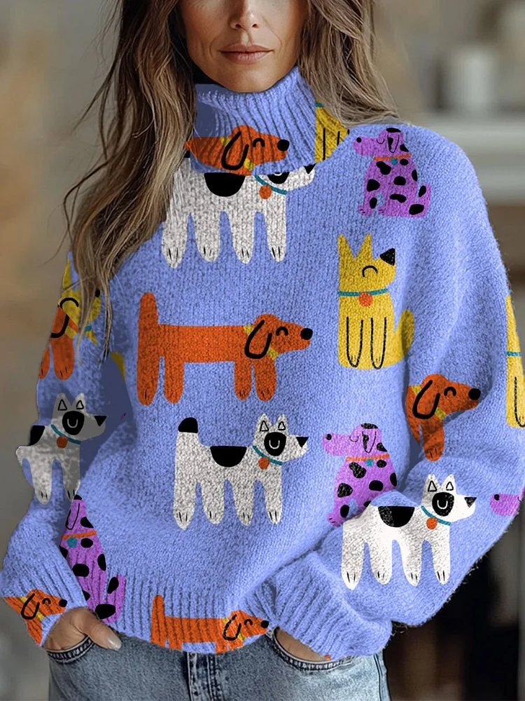 Funny Dogs  Art Print Knit Turtleneck Pullover Sweater