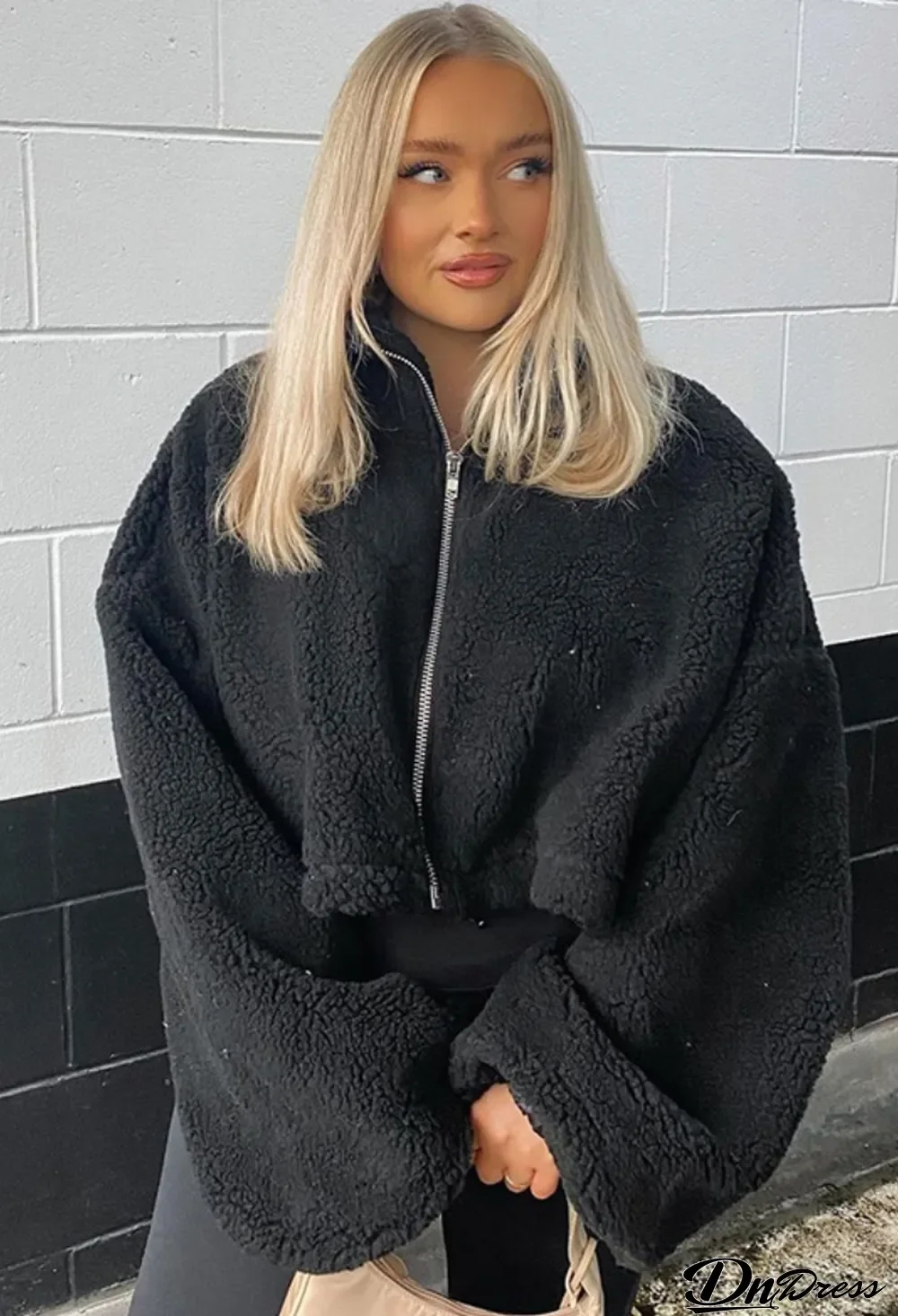 Winter Black Puff Sleeve Zipped Up Cropped Fleece Coat