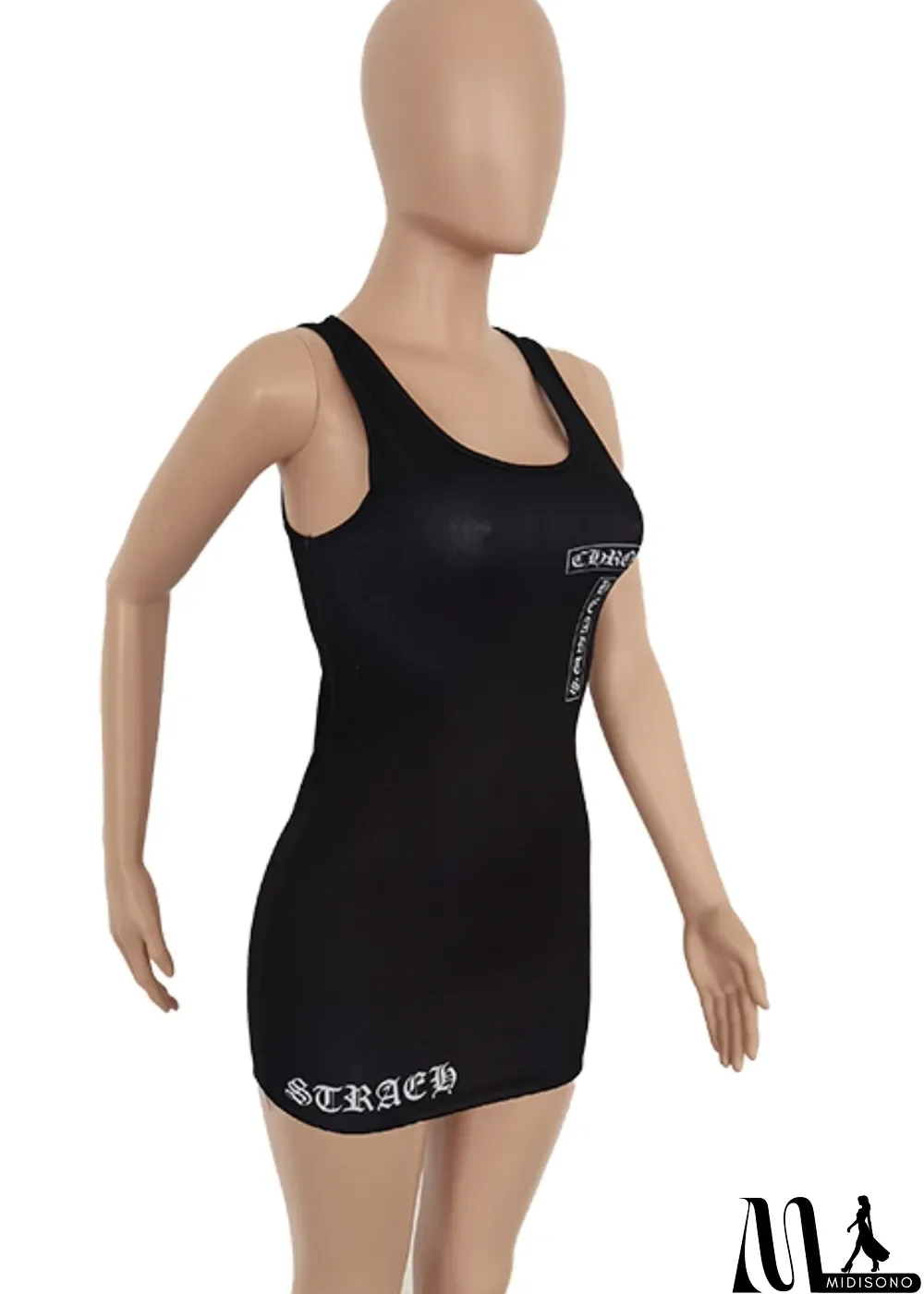 MidiSono - Women Summer Black Casual Strap Sleeveless Printed Ribbed Mini Straight Tank Dress