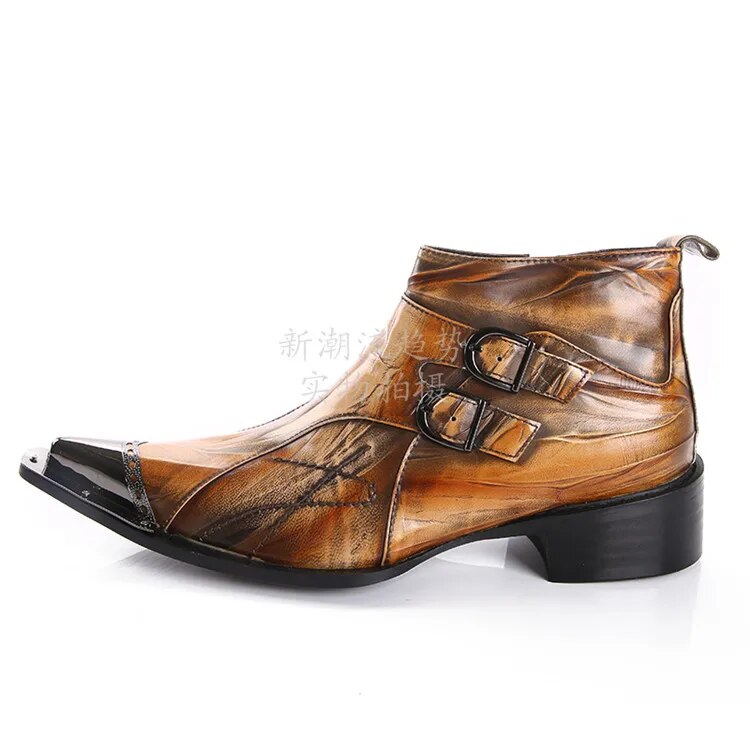 VCSHOES Classic Metal Pointed Toe Man Genuine Leather Short Boots Cowboy Party Male Buckle Ankle Boots Men's Zipper Boots