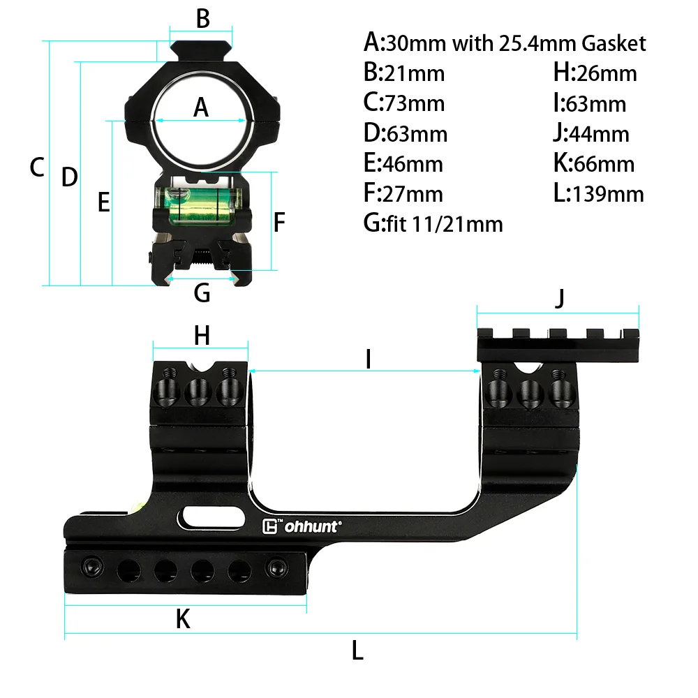 ohhunt® 11mm 3/8" Dovetail & 20mm Picatinny Rifle Scope Rings One Piece Cantilever Mount 30mm 25.4mm Bubble Level