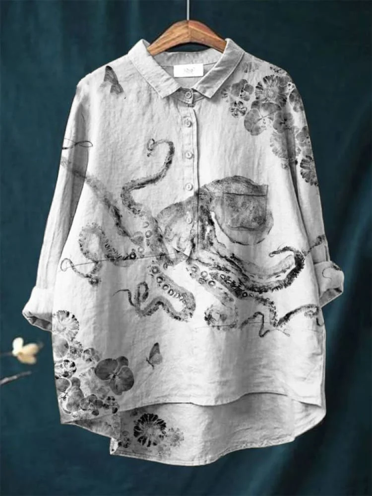 Vintage Japanese Octopus Pattern Art Print Casual Cotton And Linen Shirt