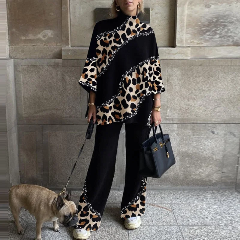 Half High Collar Suit Spring Print Casual Tracksuit Women Retro 2 Pieces Set Sports Sweatshirts Pullover Home Sweatpants Outfits