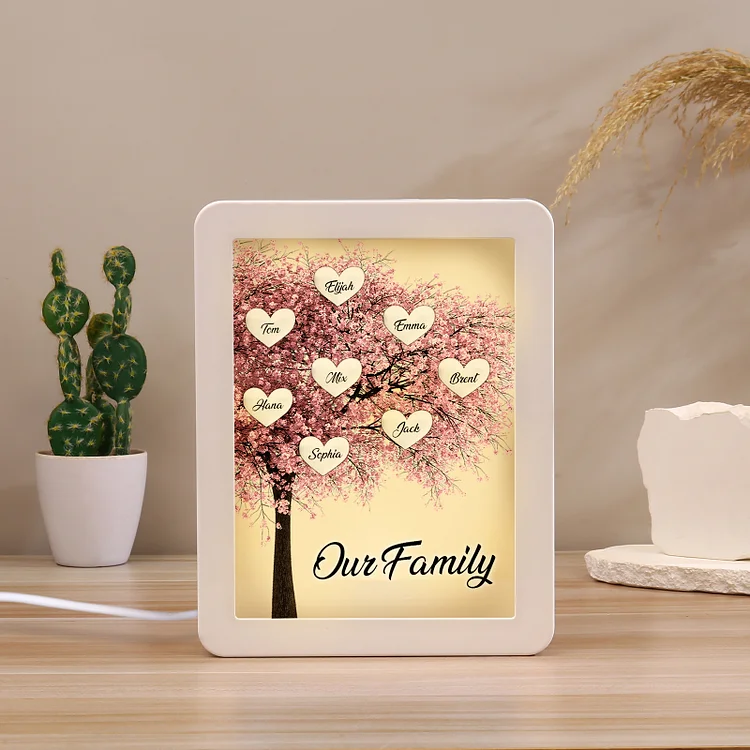 Personalized Night Light Mirror Frame Custom 1 Text & 8 Names Family Tree LED Lamp Gift for Grandma/Mother