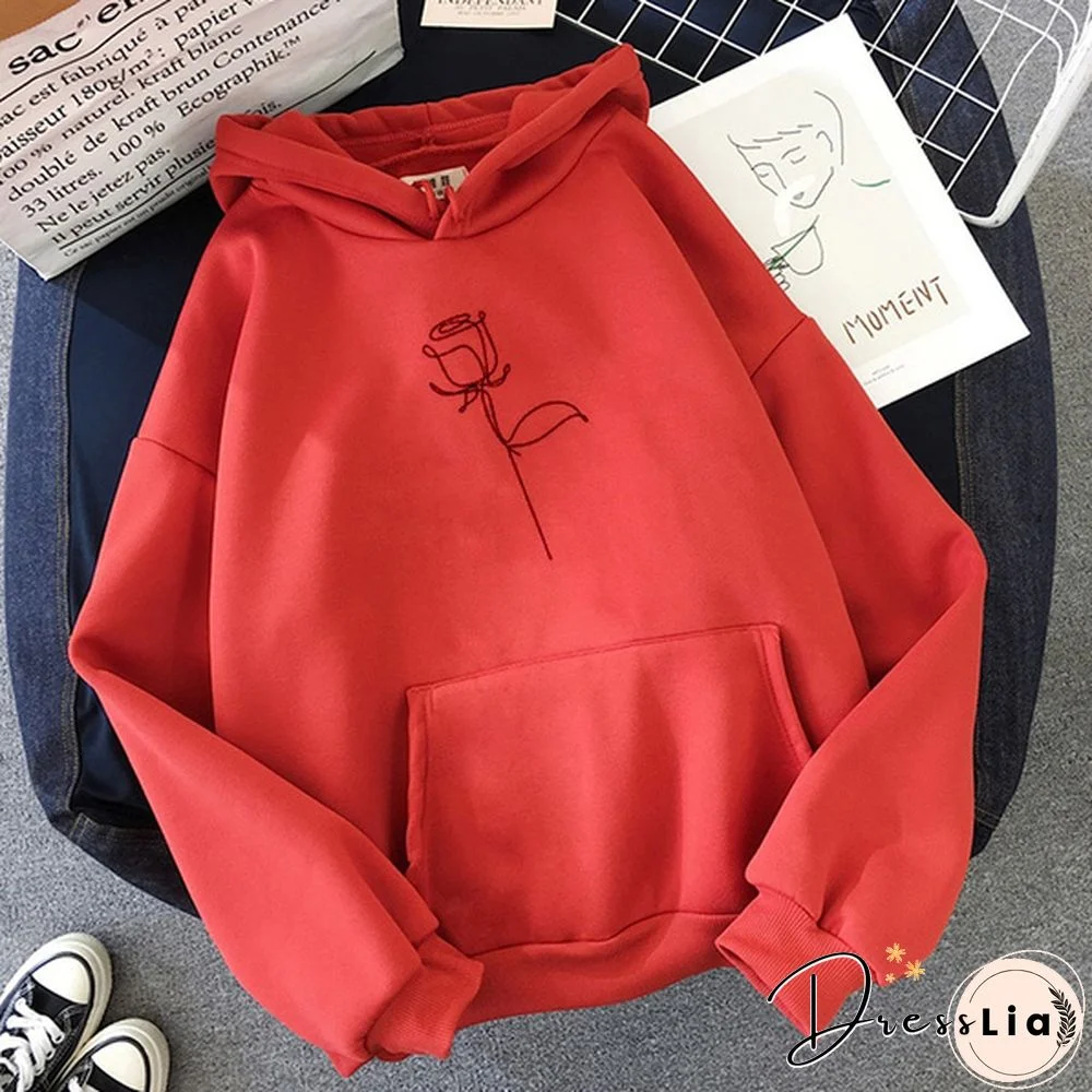 New Fashion Ladies Girls Cute Rose Flower Printed Hoodies Thin Fleece Long Sleeve Casual Pullovers Women Hooded Sweatshirts