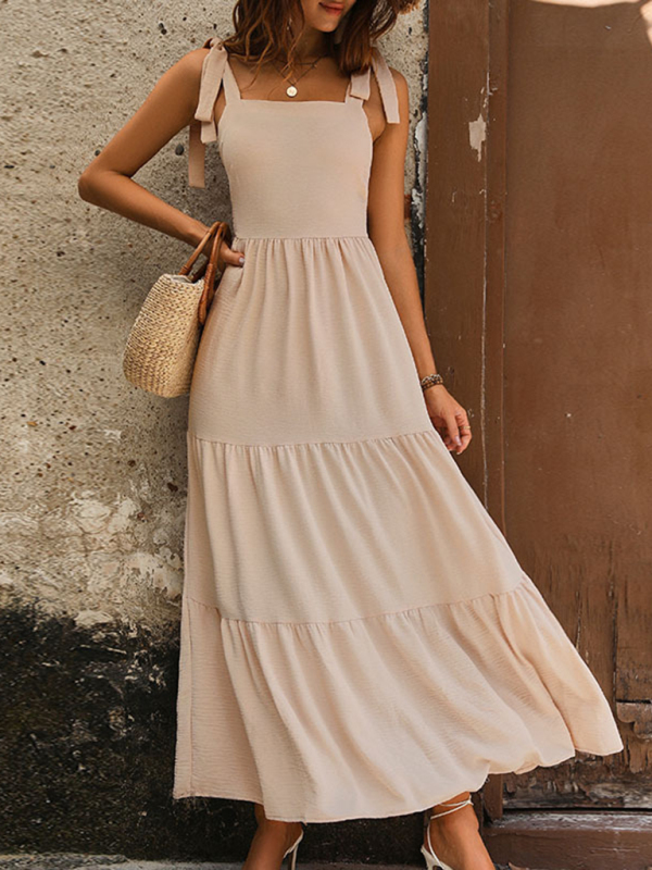 Mature Women Summer New Backless Solid Color Suspender Dress