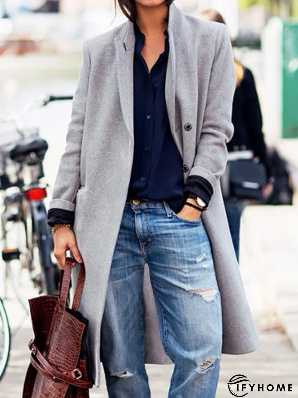 Plain Long Sleeve Lapel Collar Buttoned Casual Woolen Coat | IFYHOME