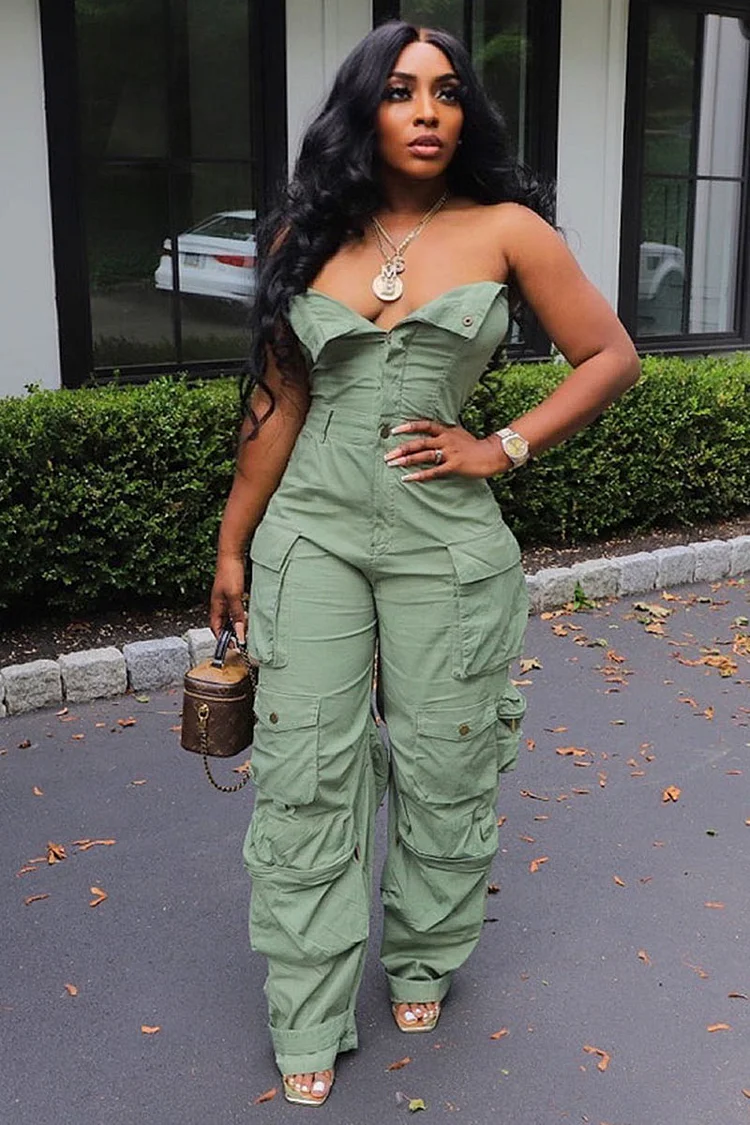 Strapless Button Multi Pocket Straight Leg Cargo Jumpsuit