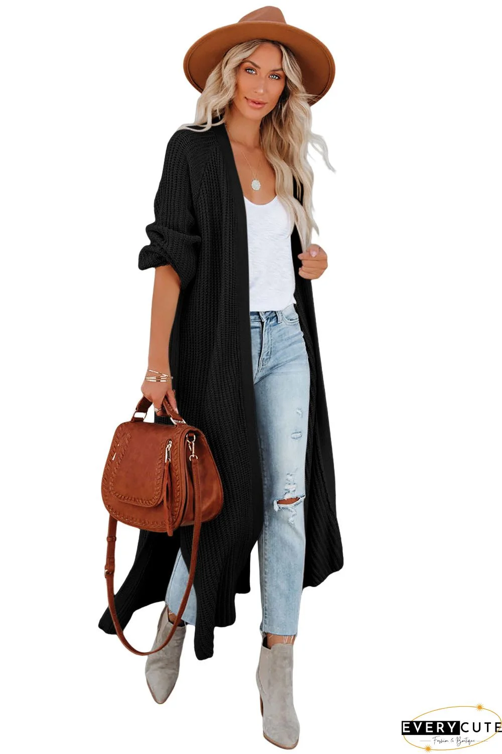 Open Front Side Slit Duster Knit Cardigan