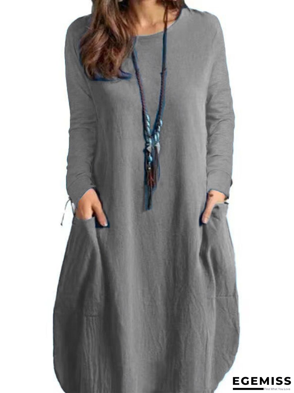 Cotton Linen Loose Casual Solid Color Pocket Long Sleeved Dress | EGEMISS
